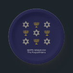 Elegant Navy Custom Hanukkah  Paper Plates<br><div class="desc">Elegant HAPPY HANUKKAH paper plates showing faux gold and silver STAR OF DAVID and MENORAH in a tiled pattern against a rich NAVY BLUE background. Text reads HAPPY HANUKKAH with a placeholder name, and is CUSTOMIZABLE, so you can PERSONALIZE it by adding your name or other text. Ideal for Hanukkah...</div>