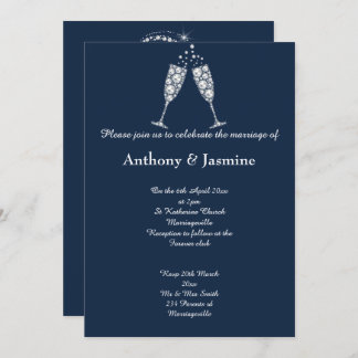 ELEGANT NAVY DIAMOND SWIRL CHAMPAGNE GLASS WEDDING INVITATION