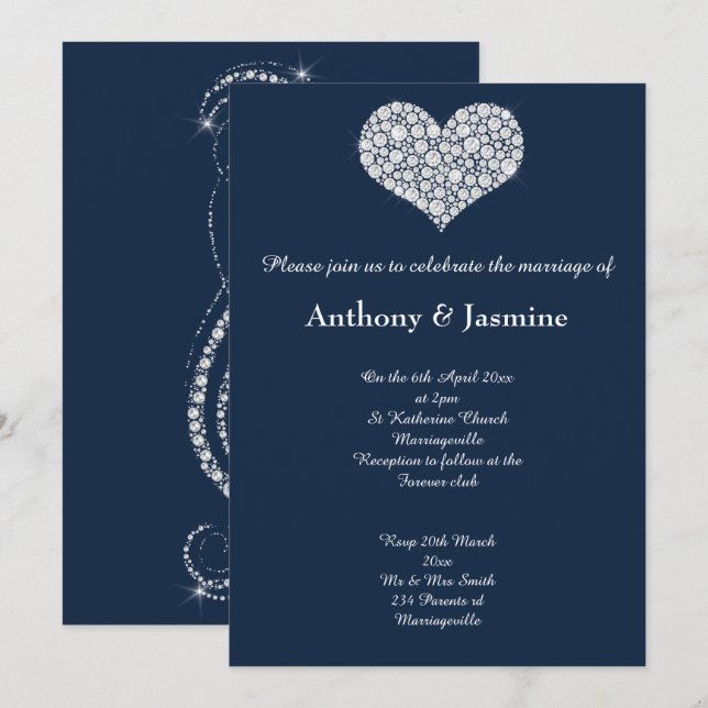 ELEGANT NAVY DIAMOND SWIRL HEART WEDDING INVITATION (Front/Back)