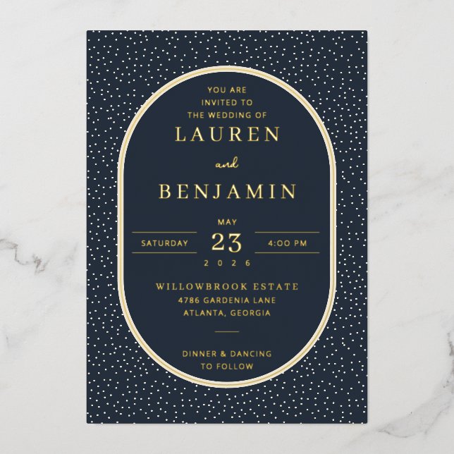 Elegant Navy Dots Foil Invitation (Front)