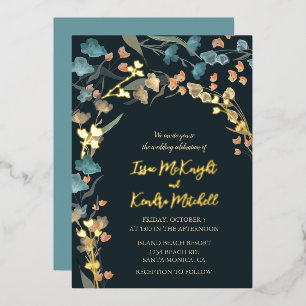 Elegant Navy Dusty Blue Botanical Wedding Foil Invitation