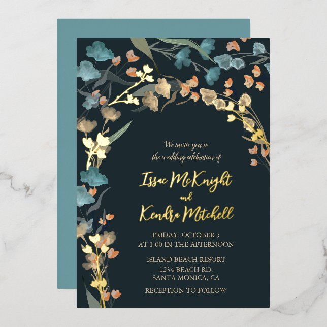 Elegant Navy Dusty Blue Botanical Wedding Foil Invitation (Front/Back)