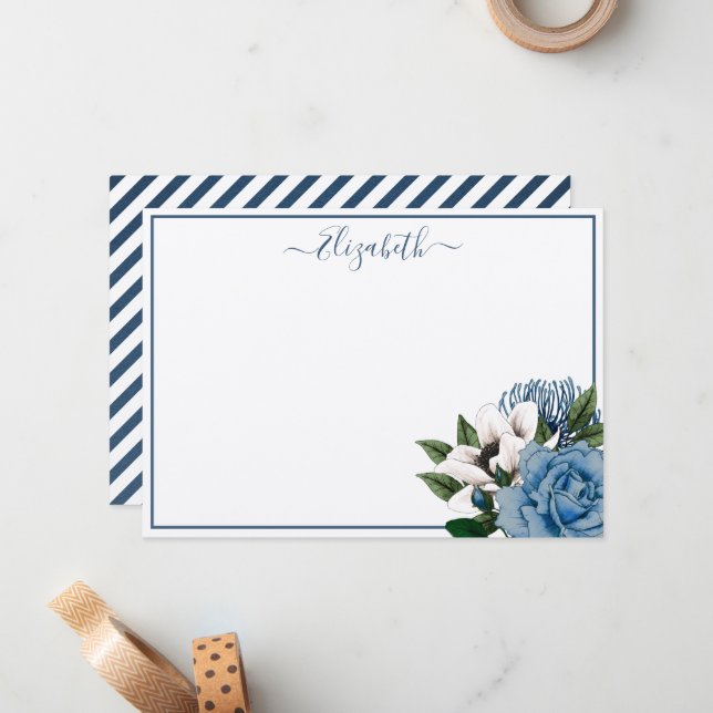 Elegant Navy & Dusty Blue Floral Personalized Note Card (Front/Back In Situ)