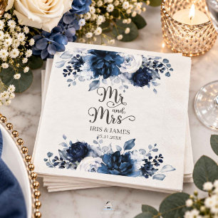 Elegant Navy Dusty Blue Floral Wedding Mr & Mrs Napkins