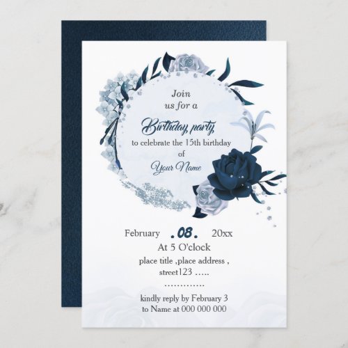 elegant navy  dusty blue flowers birthday party invitation