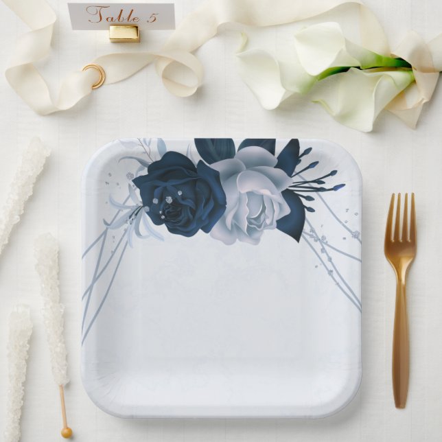 elegant navy & dusty blue flowers botanical paper plates (Wedding)