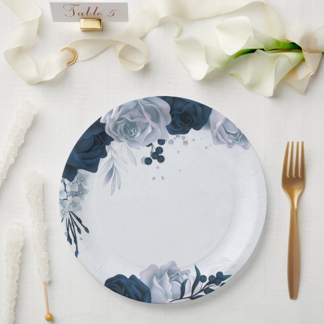 elegant navy & dusty blue flowers botanical paper plates (Wedding)