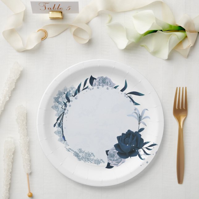 elegant navy & dusty blue flowers botanical paper plates (Wedding)