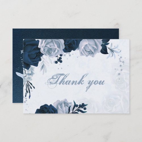 elegant navy  dusty blue flowers botanical  thank thank you card