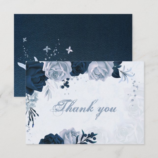 elegant navy & dusty blue flowers botanical  thank you card (Front/Back)