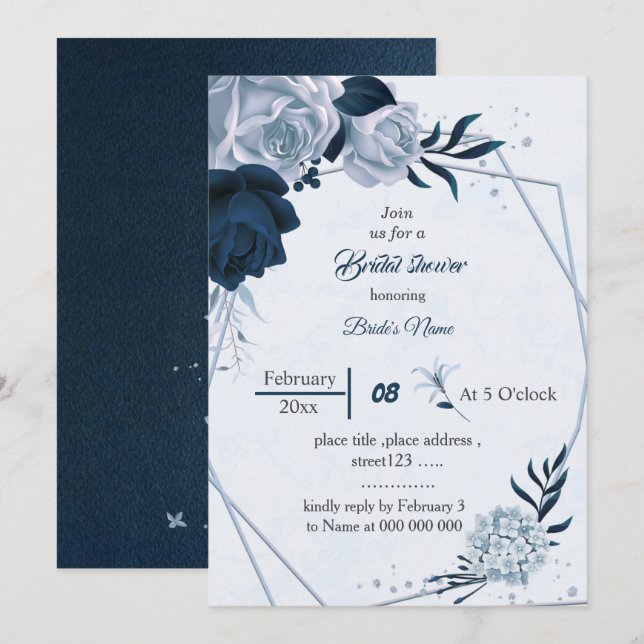 elegant navy dusty blue flowers bridal shower invitation (Front/Back)