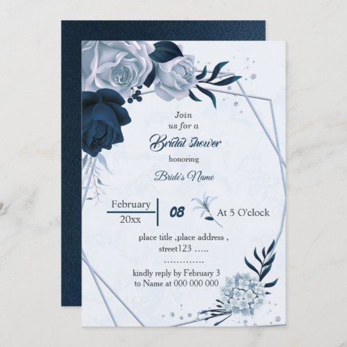 elegant navy dusty blue flowers bridal shower invitation