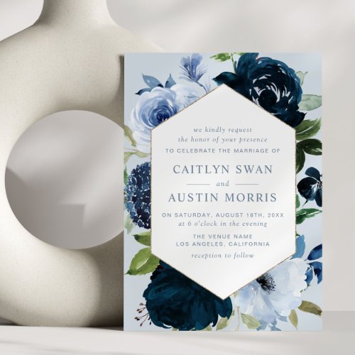 Elegant Navy  Dusty blue flowers wedding Invitation