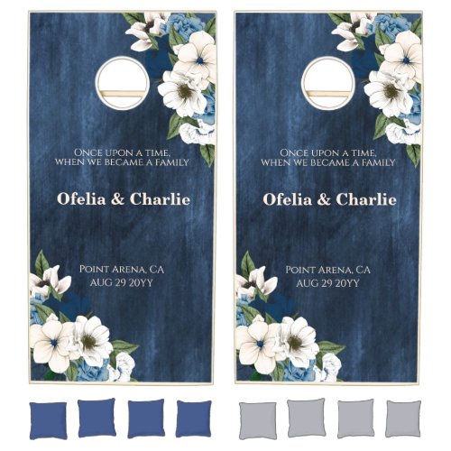 Elegant Navy Dusty Blue Watercolor Floral Wedding Cornhole Set