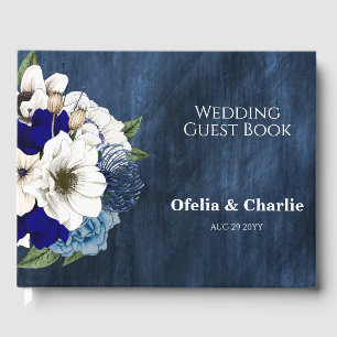 Elegant Navy Dusty Blue Watercolor Floral Wedding Guest Book