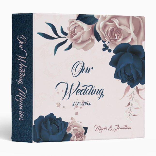 Elegant navy & dusty rose floral photo album 3 ring binder (Front/Spine)