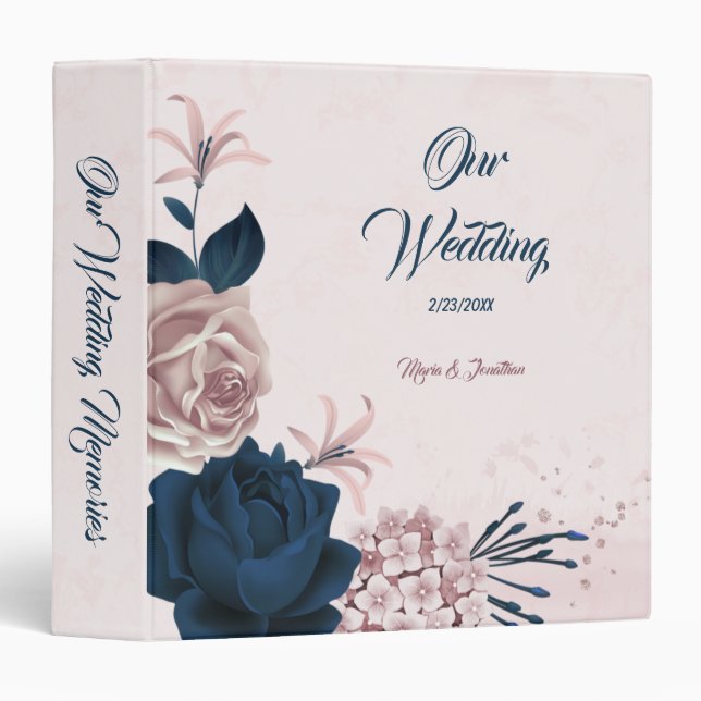 Elegant navy & dusty rose floral photo album 3 ring binder (Front/Spine)