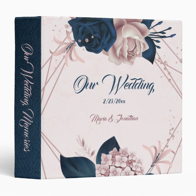 Elegant navy & dusty rose floral photo album 3 ring binder (Front/Spine)
