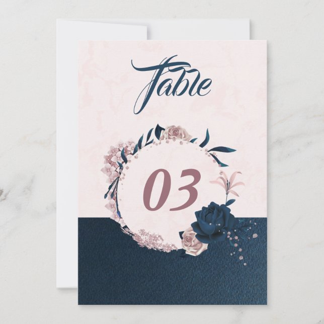 Elegant navy & dusty rose floral table number (Front)