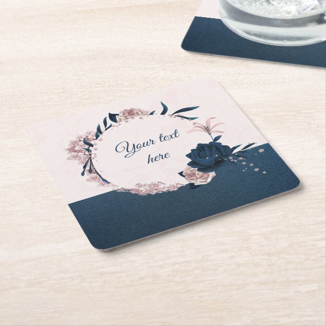 Elegant navy & dusty rose floral wreath square pap square paper coaster (Angled)