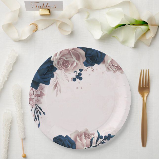 elegant navy & dusty rose flowers botanical paper plates (Wedding)