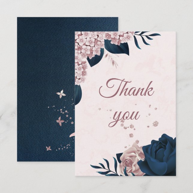 elegant navy & dusty rose flowers botanical  thank you card (Front/Back)
