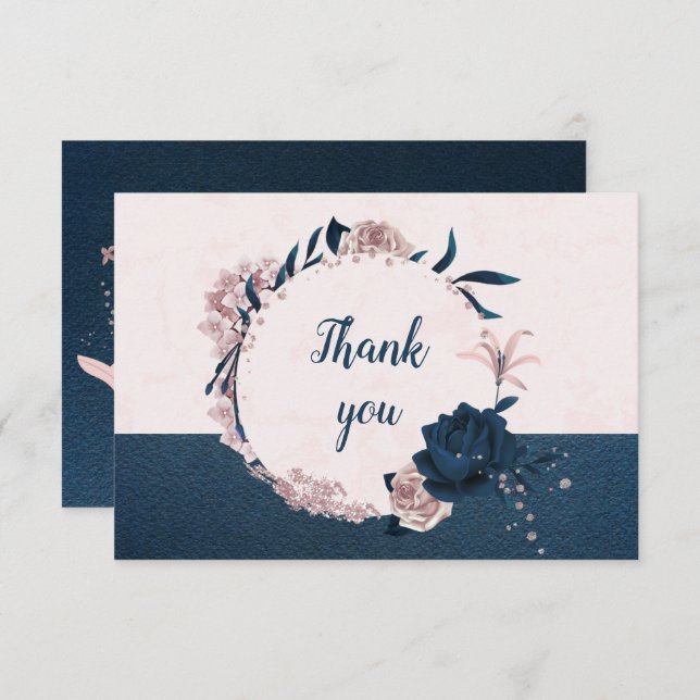 elegant navy & dusty rose flowers botanical wreath thank you card (Front/Back)