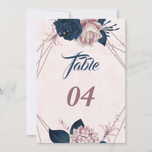 Elegant navy & dusty rose geometric table number (Front)