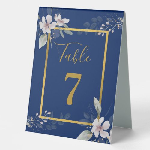 Elegant Navy Dusty White flowers watercolor Gold Table Tent Sign