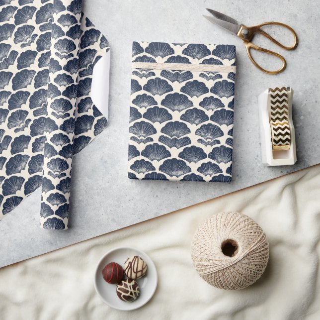 Elegant Navy Fan Grid Wrapping Paper (Crafts)