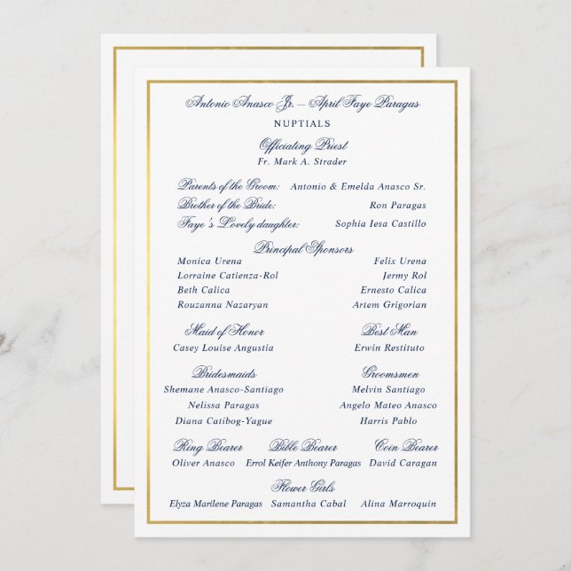 Elegant Navy Faux Gold Border Custom Entourage Invitation (Front/Back)