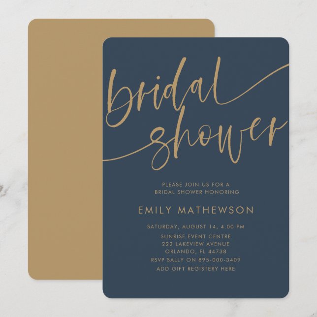 Elegant Navy Faux Gold Typography Bridal Shower Invitation (Front/Back)
