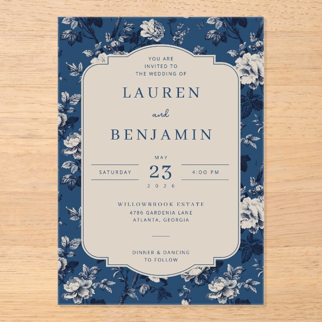 Elegant Navy Floral Acrylic Invitations (Front)