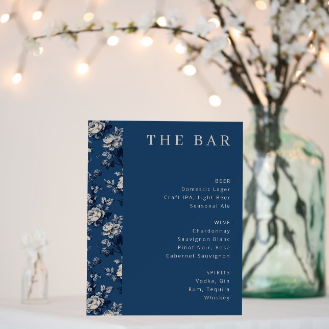 Elegant Navy Floral Bar Menu Foam Board (In Situ (Wedding))