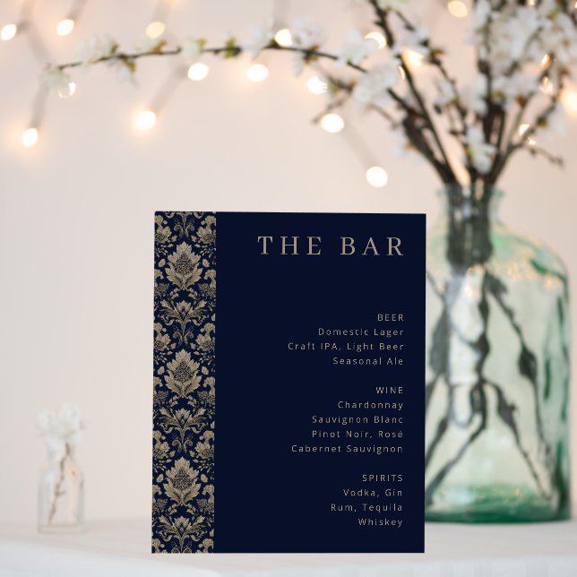 Elegant Navy Floral Bar Menu Foam Board (In Situ (Wedding))