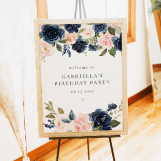 Elegant Navy Floral Birthday Party Welcome Poster