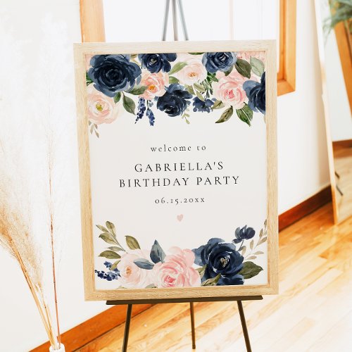 Elegant Navy Floral Birthday Party Welcome Poster