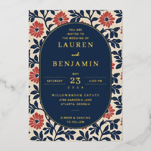 Elegant Navy Floral Border Foil Invitation