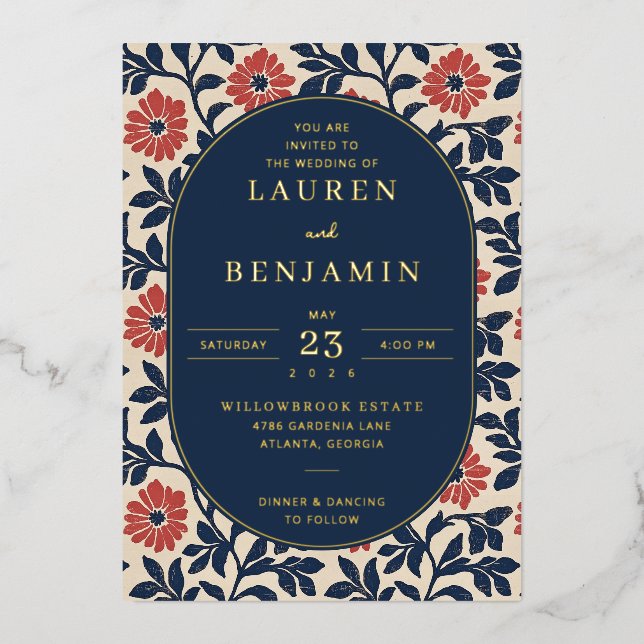 Elegant Navy Floral Border Foil Invitation (Front)