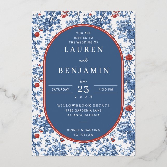Elegant Navy Floral Border Foil Invitation (Front)