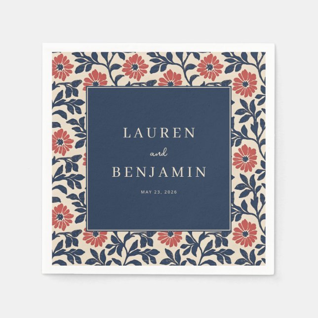 Elegant Navy Floral Border Napkins (Front)