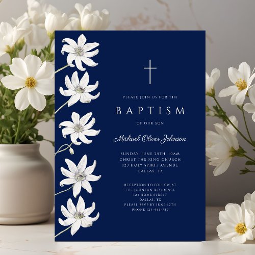 Elegant Navy Floral Boy Baptism Invitation