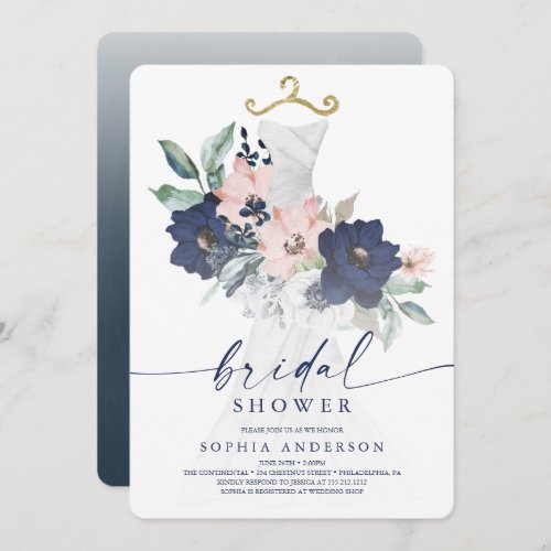Elegant Navy Floral Bridal Shower Invitation Card