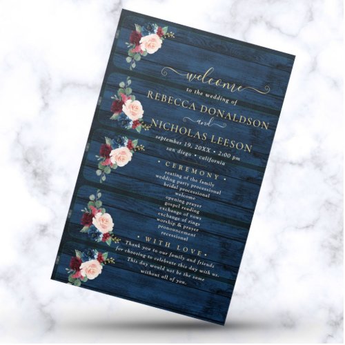 Elegant Navy Floral Calligraphy Wedding Program