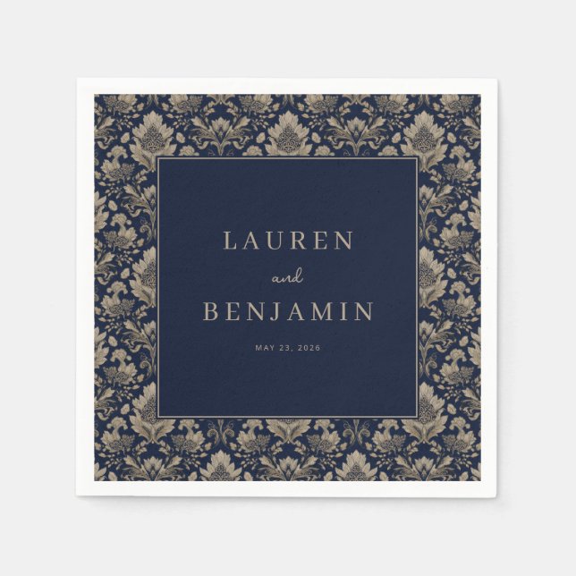 Elegant Navy Floral Damask Napkins (Front)