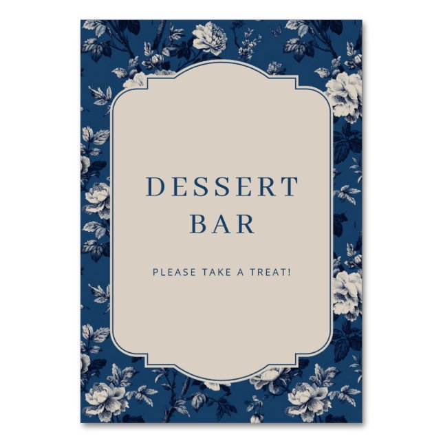 Elegant Navy Floral Dessert Bar Sign Table Number (Front)