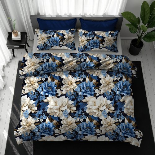 Elegant Navy Floral Duvet Cover Traditional Decor