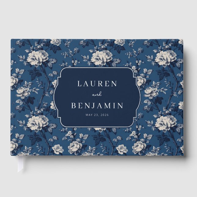 Elegant Navy Floral Foil Guest Book (Front)
