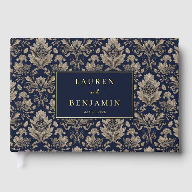 Elegant Navy Floral Foil Guest Book (Front)