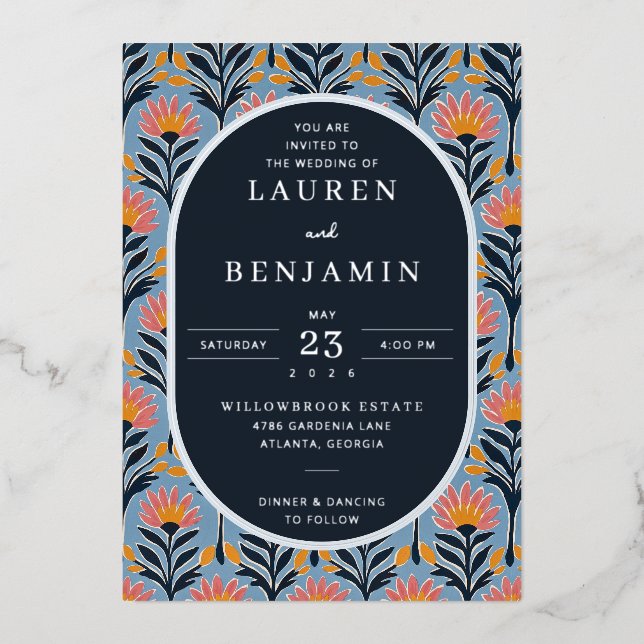 Elegant Navy Floral Foil Invitation (Front)
